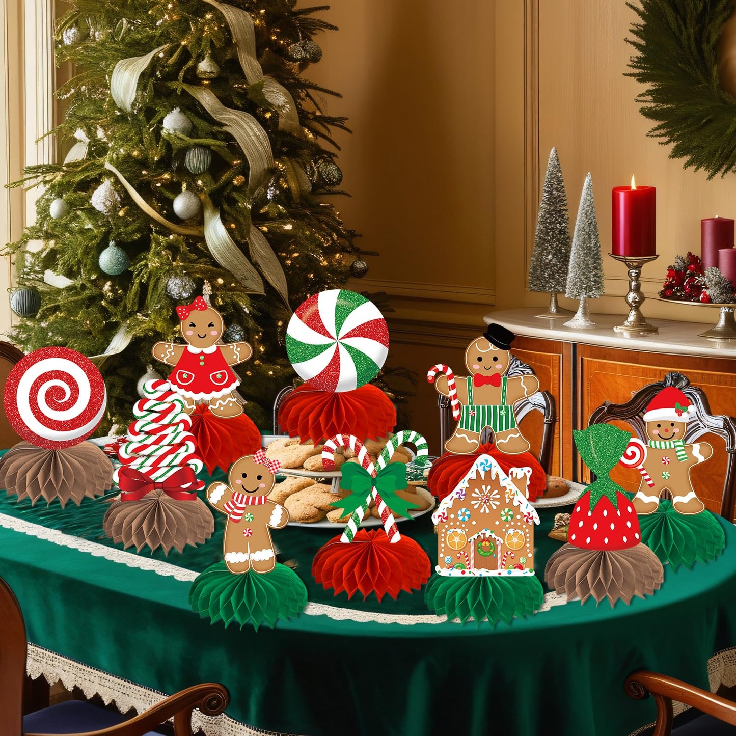 Gingerbread Christmas Party Table Decorations Centerpieces,10pcs Paper Gingerbread Man House Lollipops Candy Canes Honeycombs for Xmas Winter Holiday Birthday Party Decor Supplies