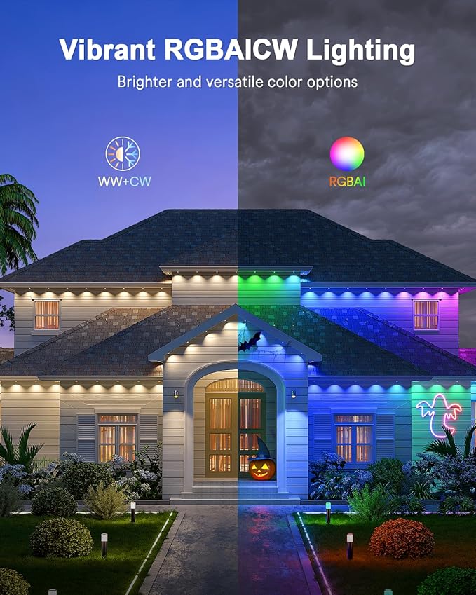 Lumary Permanent Outdoor Lights Max 53ft with 40 LED Eave Lights RGBAICW 2400LM, IP67 Waterproof, IC Control and Scene Modes for Halloween Christmas Decoration, Works with Alexa and Google Assistant