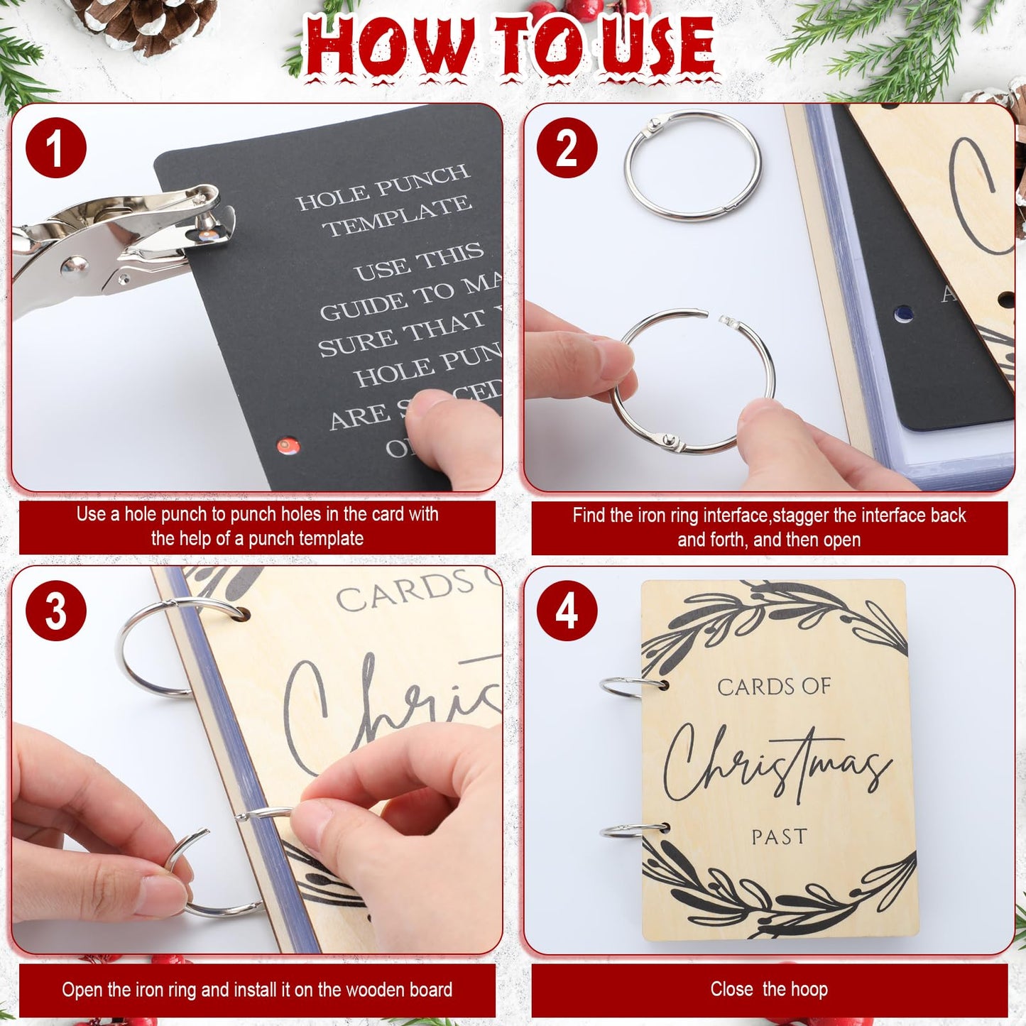 Hoolerry Christmas Wood Card Organizer Set Christmas Card Holder Include a 6 x 8 Cards Organizer a Hole Punch a Print Template 20 Protectors for Holiday Greeting Storage Gift (Classic)