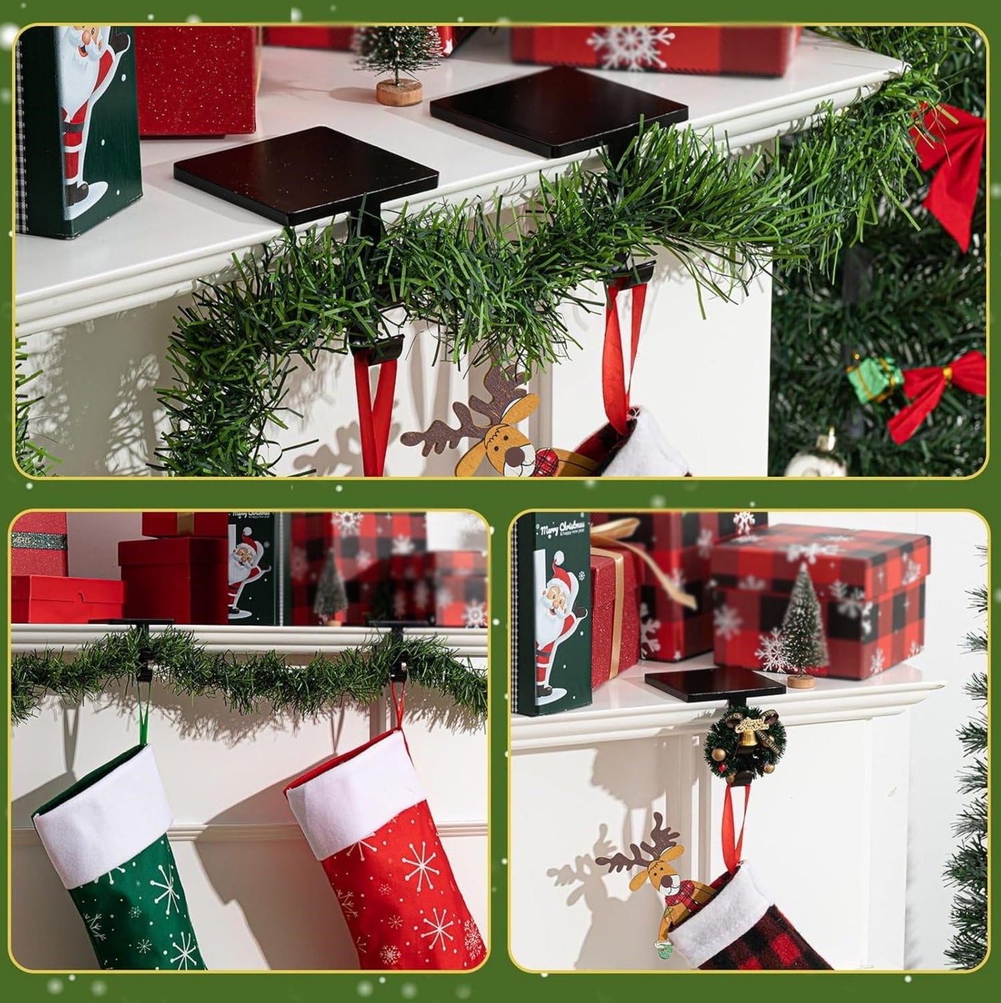 Zhengmy 2 Pcs 2 in 1 Fireplace Stocking and Garland Hangers Heavy Duty Metal Christmas Stocking Holder for Mantle, Two Hooks Hangers for Garland Balls Fireplace Xmas Holiday Party Decoration (Black)
