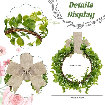 WILLBOND 4 Pcs Christmas Kitchen Cabinet Wreath Boxwood Garland with Ribbon Greenery Garland Hanging Wreaths for Cabinet Wall Window Door Fireplace Party Farmhouse Decor(Burlap,Linen)