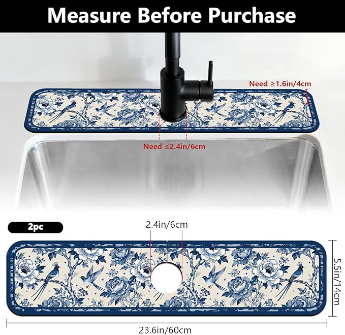 2 Pcs Kitchen Sink Splash Guard Faucet Mats Vintage Porcelain Flowers and Birds