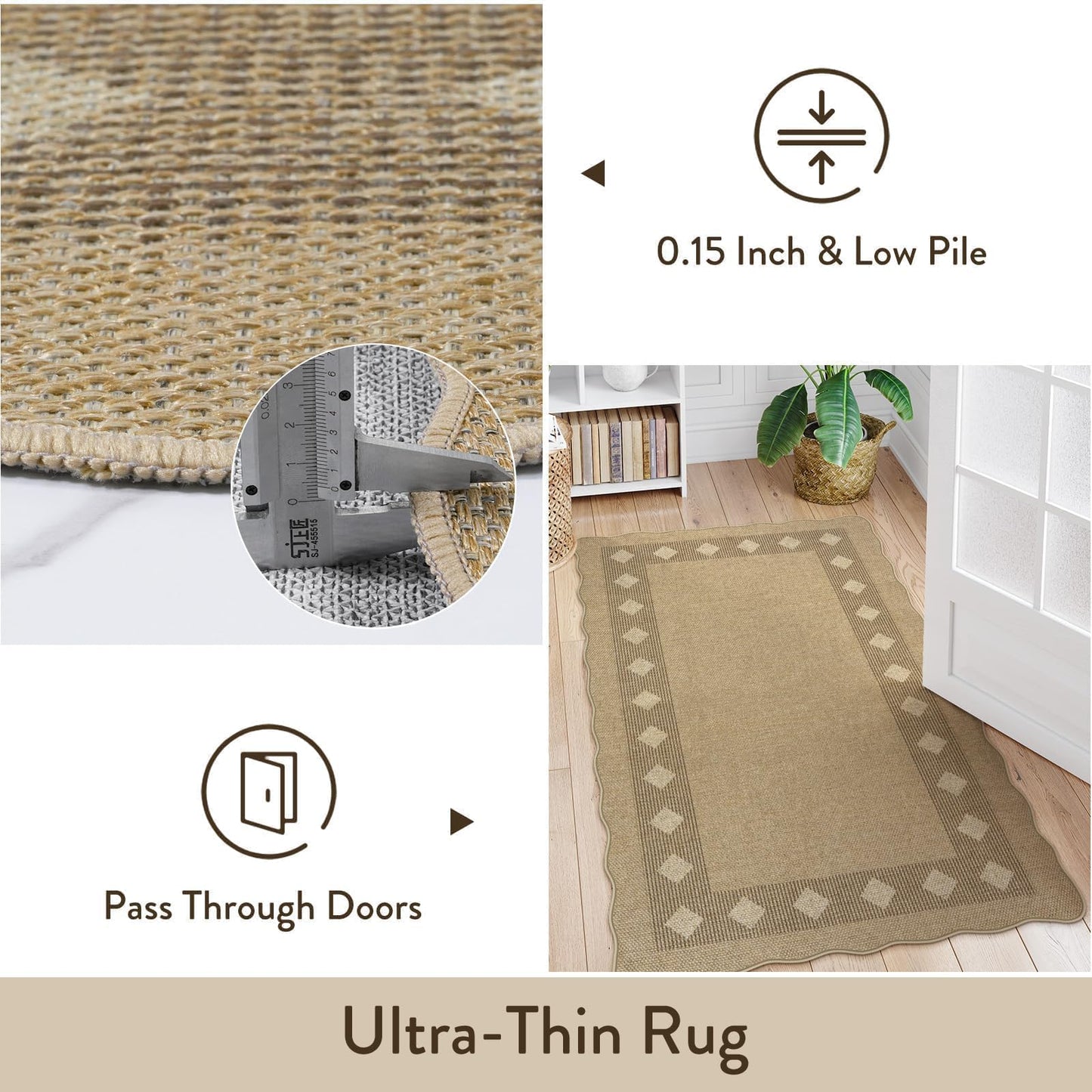 LIVEBOX Easy Jute Diamond Runner Rug for Kitchen, Scalloped Washable 2x8 Tan Rugs for Hallway Entryway, Geometric Checkered Indoor Outdoor Non Slip Rug Farmhouse Carpet Area Rugs for Porch Floor Mat