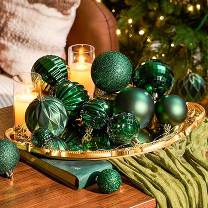 JORNOY Christmas Tree Ornaments Set, 47 Pack Assorted Shatterproof Hanging Balls Decorations, Plastic Bulbs Bulk with Lanyard for Home Holiday Party Decor, 3-Sizes (Dark Green)