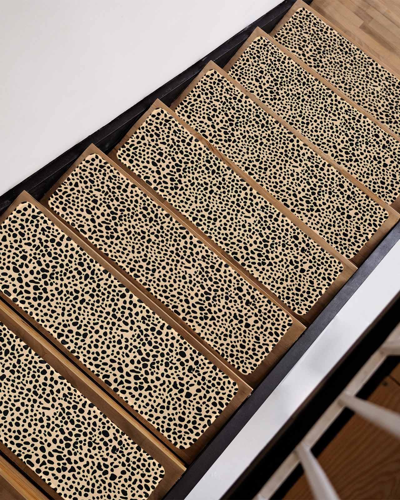 Leopard Textured Stair Treads for Wooden Steps Indoor, 7 Pack Non Slip Carpet Stair Treads for Kids Elders and Dogs with Reusable Adhesive, 8x30 inch Step Mats Modern Animals Printed Black Brown
