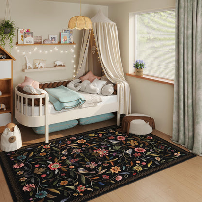 Vowkten Vintage Medallion Floral 3x5 Washable Rug, Soft Low Pile Area Rug, Non-Slip Carpet for Bedside, Bedroom, Bathroom, Entryway, Kitchen, Office, Kids/Girls Room | Black