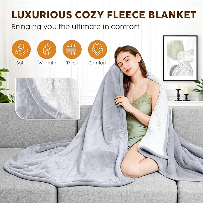 HYLEORY Heated Electric Blanket Full 72"x84" Soft Fleece & Flannel with 5 Heating Levels & 10 Hours Timer Auto Shutt Off, ETL Certified, Washable，Heated Blanket for Body-Light Grey