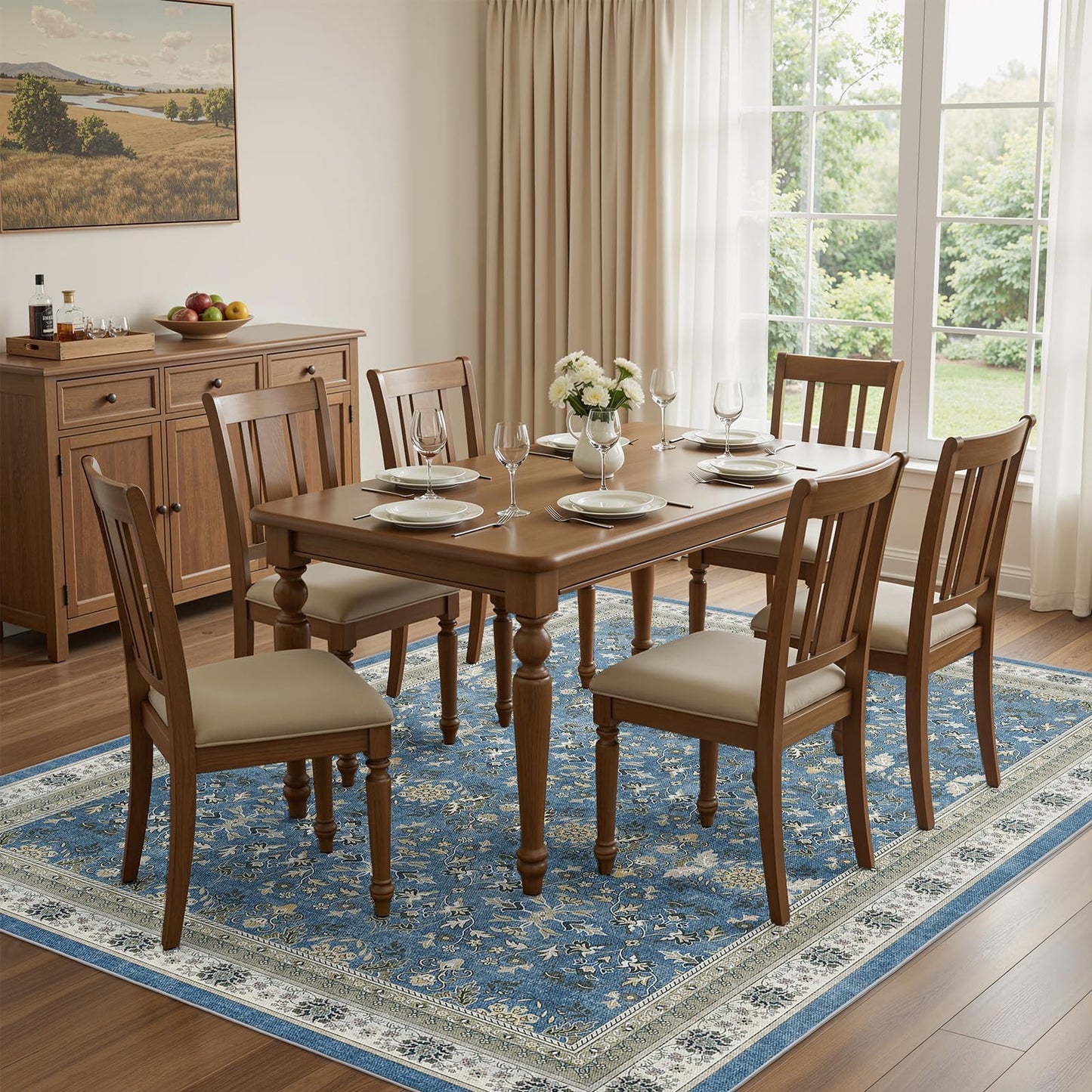WITSHOCK Living Room Rug 8x10: Vintage Distressed Oushak Boho Farmhouse Retro Antique, Dining Room Rugs for Under Table, Bedroom Nursery Playroom, Ultra Soft Non-Slip Washable Stain Resistance, Blue