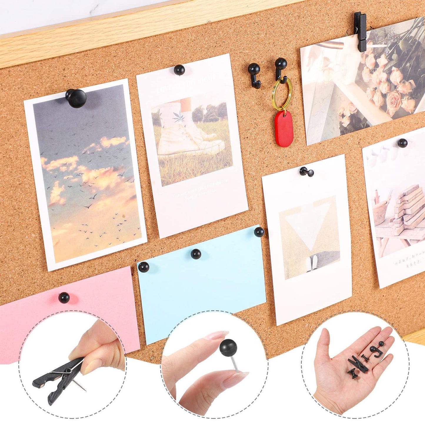 200 Pieces Push Pins Thumb Tacks Black Push Pins for Cork Board, 5 Style for Bulletin Boards Wall Maps Pictures Office Home Supplies