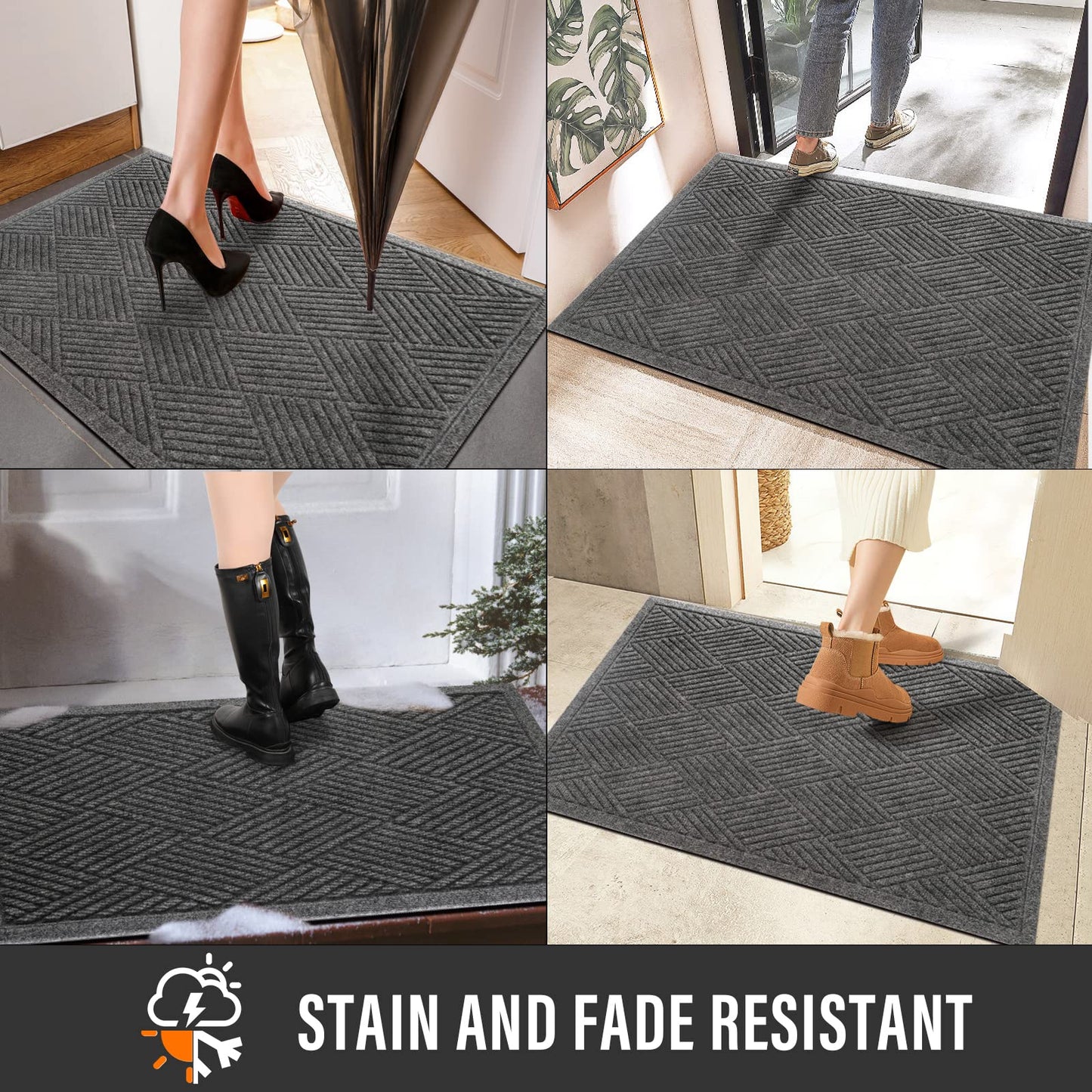 HIYARD Sturdy Front Door Mat, Absorbent Muddy Dirt Resist Welcome Door Mats Outdoor Indoor, Stain and Fade Resistant, Non-Slip Rubber Backing Low Profile Doormat for Entryway, 36×24, Grey