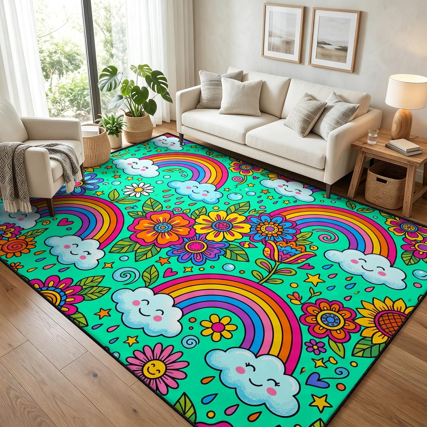 Qorauhy Kids Rainbow Rug for Girls Bedroom 5x8 Cute Cloud Rainbow Area Rug