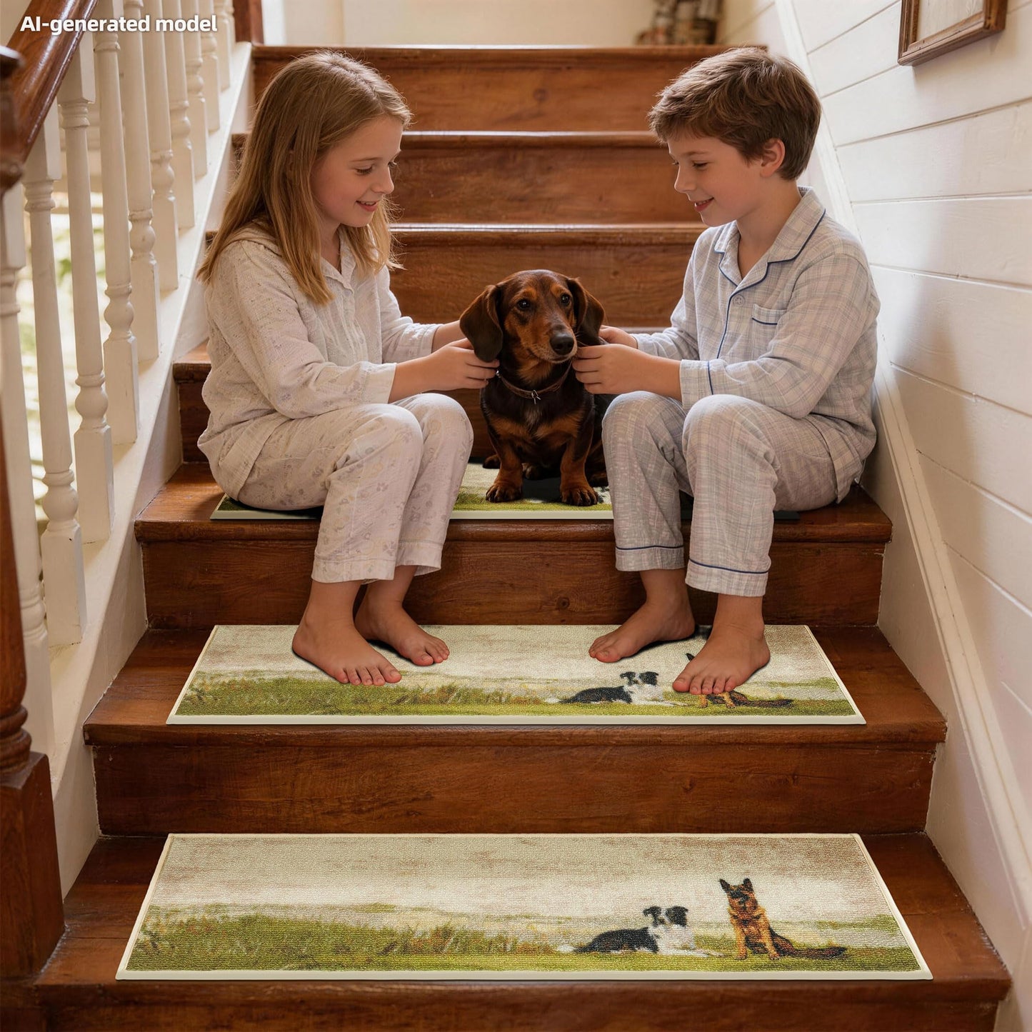 Stair Treads for Wooden Steps Non Slip 8x30, Stair Carpet Treads with Patented TPE Grip, Machine Washable Stair Pads for Wood Stairs Indoor, Country Dogs, Set of 4