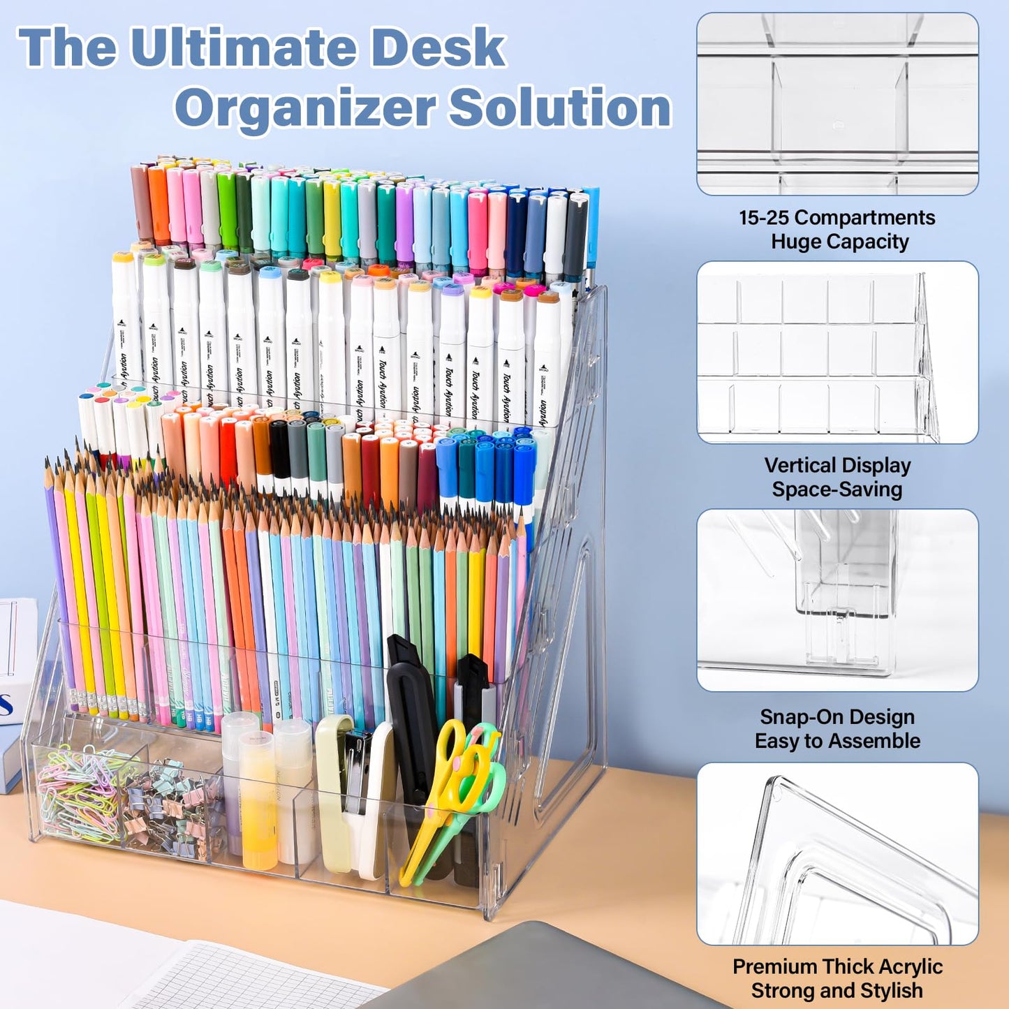 CELSOL Acrylic Marker Organizer – 4 Tier 20 Compartments for Pens, Markers, Art Supplies & Office Essentials – Clear Vertical Desk Storage for Home, Office & School