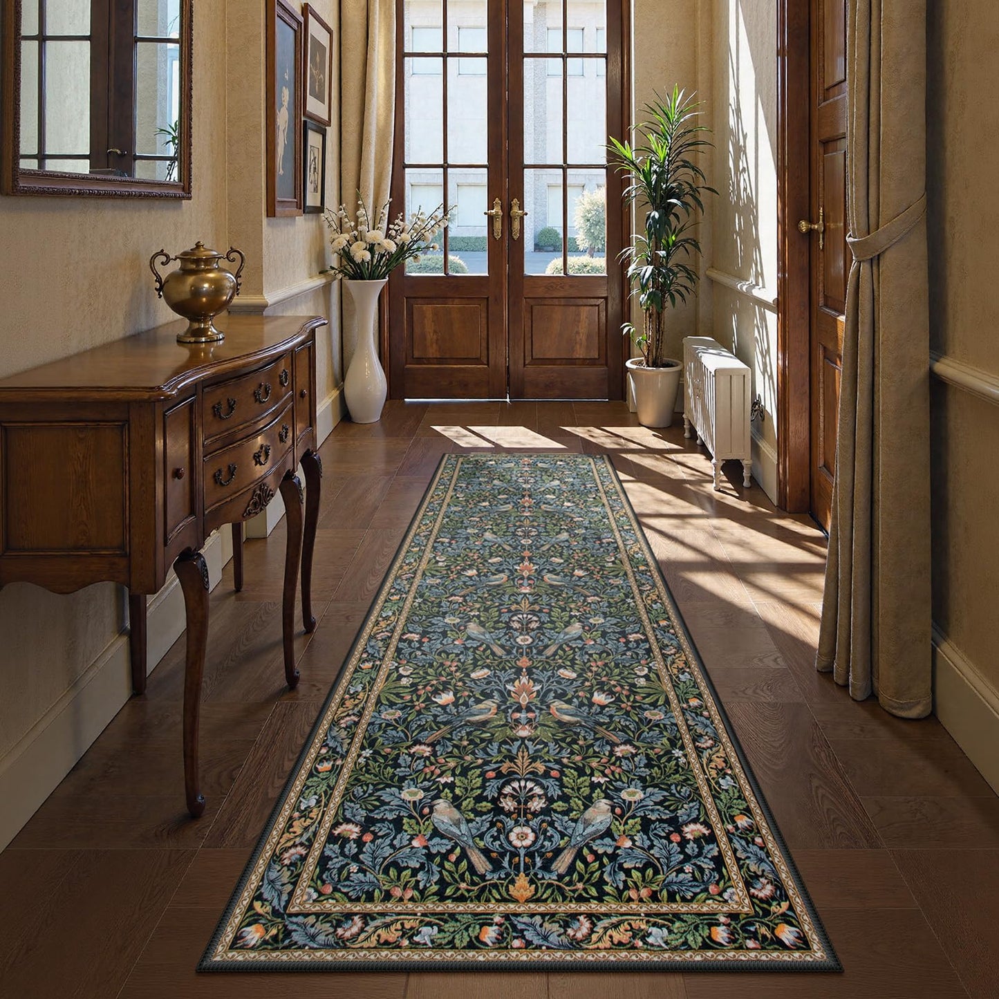 Morebes Floral Carpet Runners for Hallway 8ft Non Slip, Boho Flower Washable Runner Rug 2x8, Botanical Birds Indoor Floor Carpet Runner for Kitchen Laundry Bath Room, Navy Blue