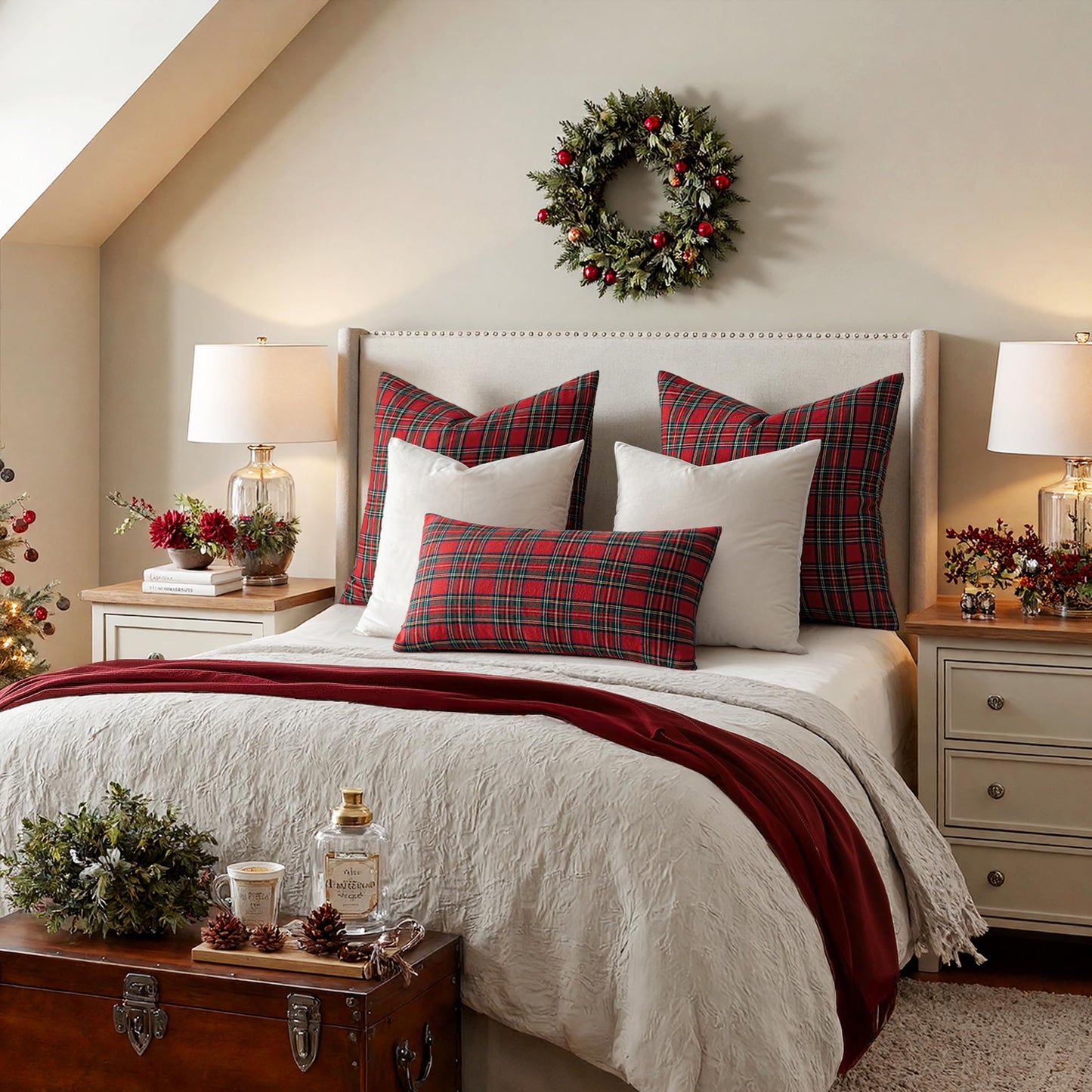 MIULEE Christmas Set of 2 Scottish Tartan Plaid Throw Pillow Covers Farmhouse Classic Decorative Outdoor Square Cushion Cases for Home Decor Sofa Couch 18x18 Inch, Red