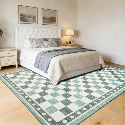 Garvee 9x12 Checkered Area Rug, Washable Soft Rugs for Living Room, Modern Geometric Non Slip Low Pile Carpet for Bedroom, Dining Room, Green