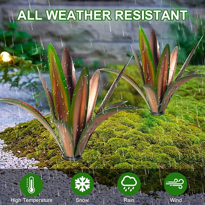 TOMBABY Enlarge Thickened Wind Resistant Metal Agave Garden Art Metal Plant Country Garden Sculpture Statue Outdoor Decoration Agave Metal Plant Courtyard Lawn Ornament Gift (2, 12 Leaves Green)