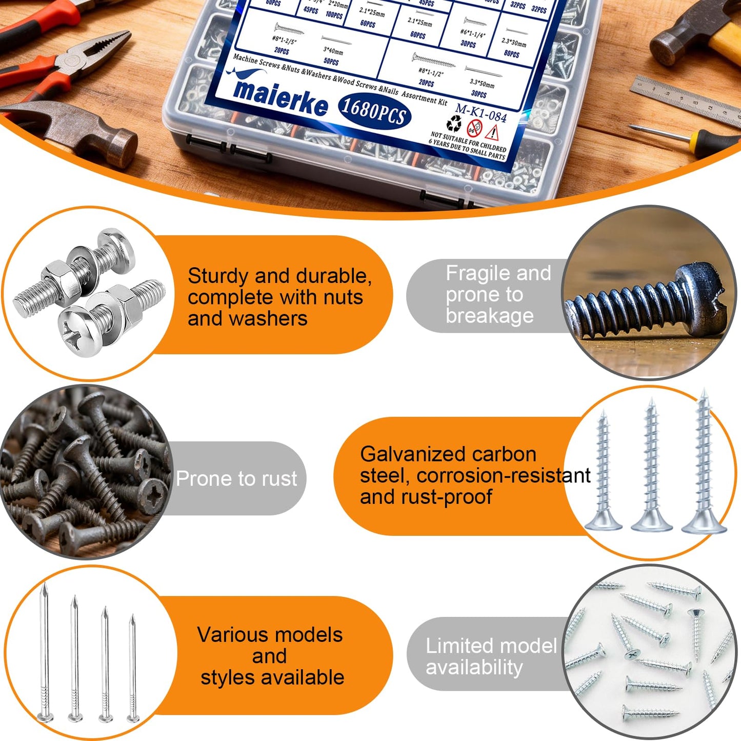maierke 1680 PCS High Hardness Screw Bolts and Nuts & Nails & Wood Screws Assortment Kit,M3/M4/M5/M6 Machine Screws,Small Nails,#6#8 Drywall Screw Set for Picture Hanging and DIY (Length 1/2 to 2")