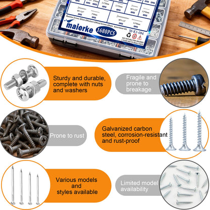 maierke 1680 PCS High Hardness Screw Bolts and Nuts & Nails & Wood Screws Assortment Kit,M3/M4/M5/M6 Machine Screws,Small Nails,#6#8 Drywall Screw Set for Picture Hanging and DIY (Length 1/2 to 2")