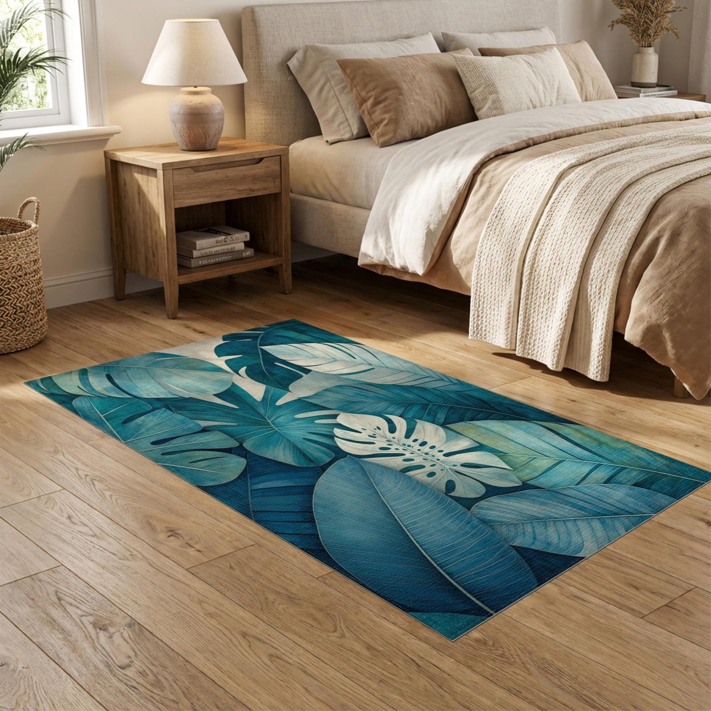 ODIKA Flatwoven High Traffic Area Rug 5x7, Tropical Breeze Mosaic with Monstera and Areca Leaf Interplay, Non Slip, Stain Resistant, Washable Area Rugs for Living Room, Bedroom (Teal, 5x7)
