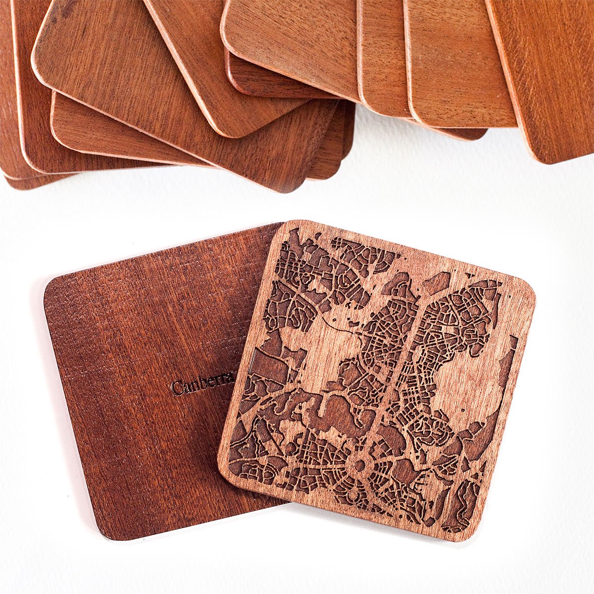 Canberra Map Coaster by O3 Design Studio, Set Of 4, Sapele Wooden Coaster With City Map, Handmade