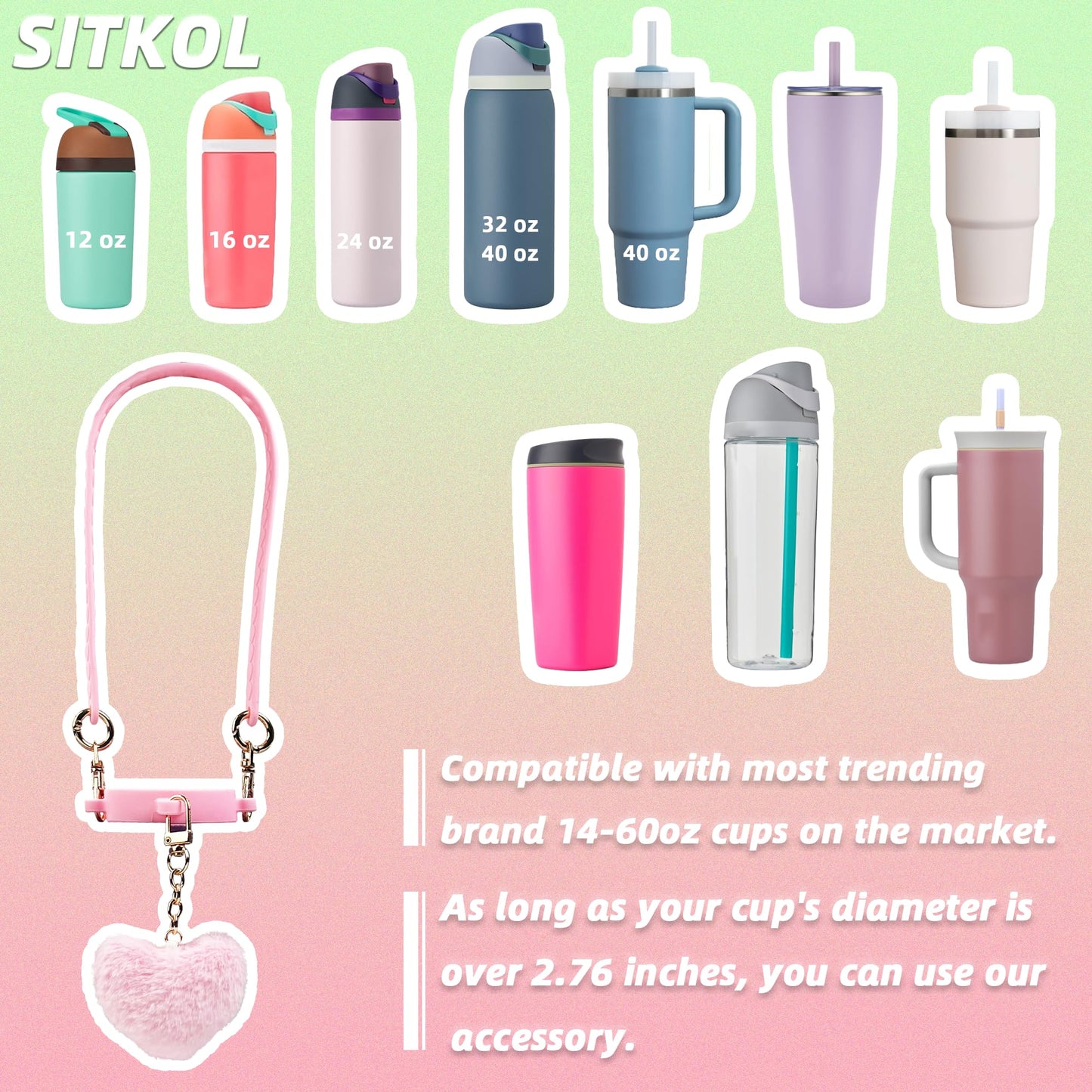 Handle Strap with Heart Charms for Owala & Stanley Cups, for Owala Water Bottle 24oz, 32oz, 40oz, Owala Coffee Tumbler, Pink Owala, Stanley 30oz, 40oz Tumblers, Stanley & Owala Accessories (Pink)