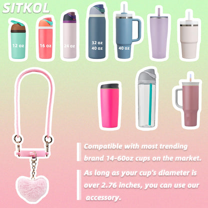 Handle Strap with Heart Charms for Owala & Stanley Cups, for Owala Water Bottle 24oz, 32oz, 40oz, Owala Coffee Tumbler, Pink Owala, Stanley 30oz, 40oz Tumblers, Stanley & Owala Accessories (Pink)
