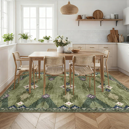 8x10 Washable Area Rug for Living Room Non Slip Modern Geometric Large Bedroom Rugs Stain Resistant Mid Century Dining Room Throw Carpet Soft Boho Tribe Area Rugs for Nursery Home Office, Green