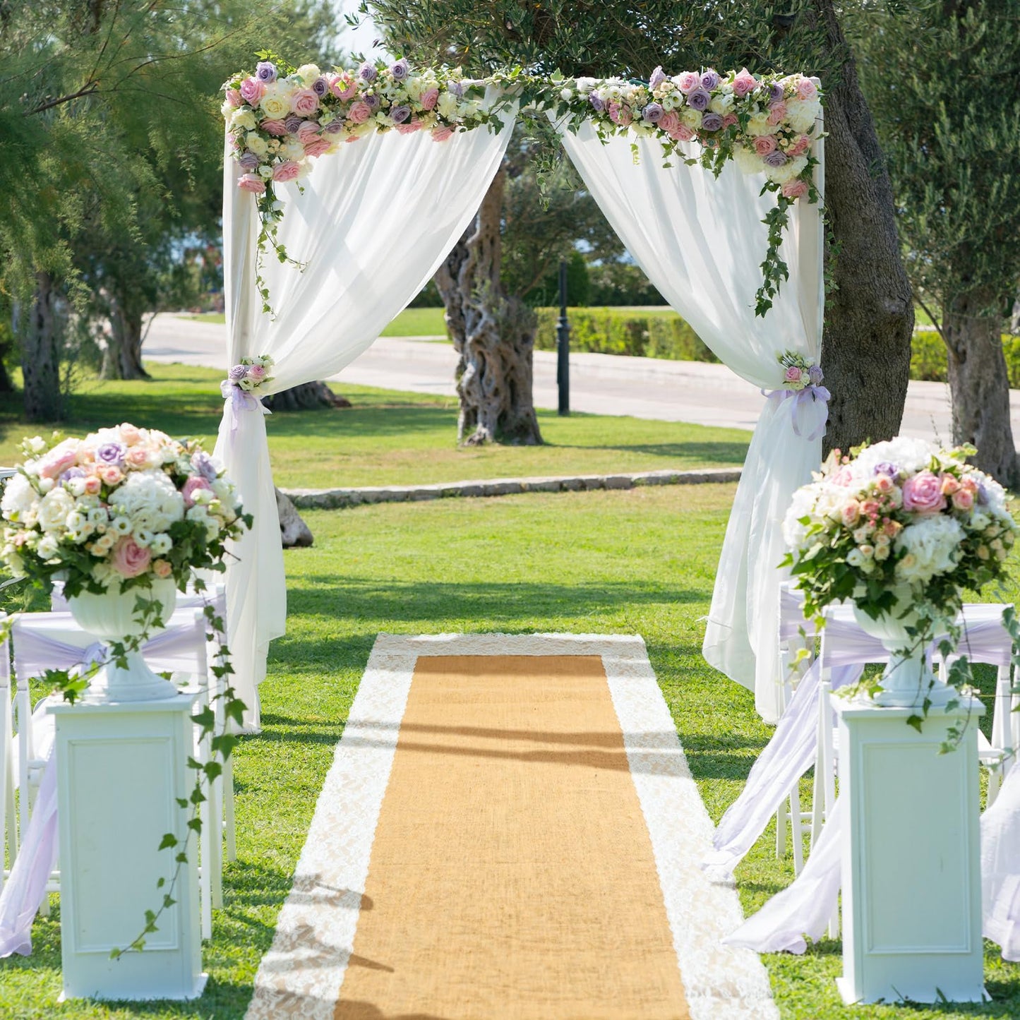 Preboun 3ft x 30 ft Wedding Aisle Runner Outdoor Natural Burlap Aisle Runner for Wedding Ceremony Wide Rustic Jute Carpet Rug with Lace Outdoor Beach Ceremony Decorations for Garden Lawn Church