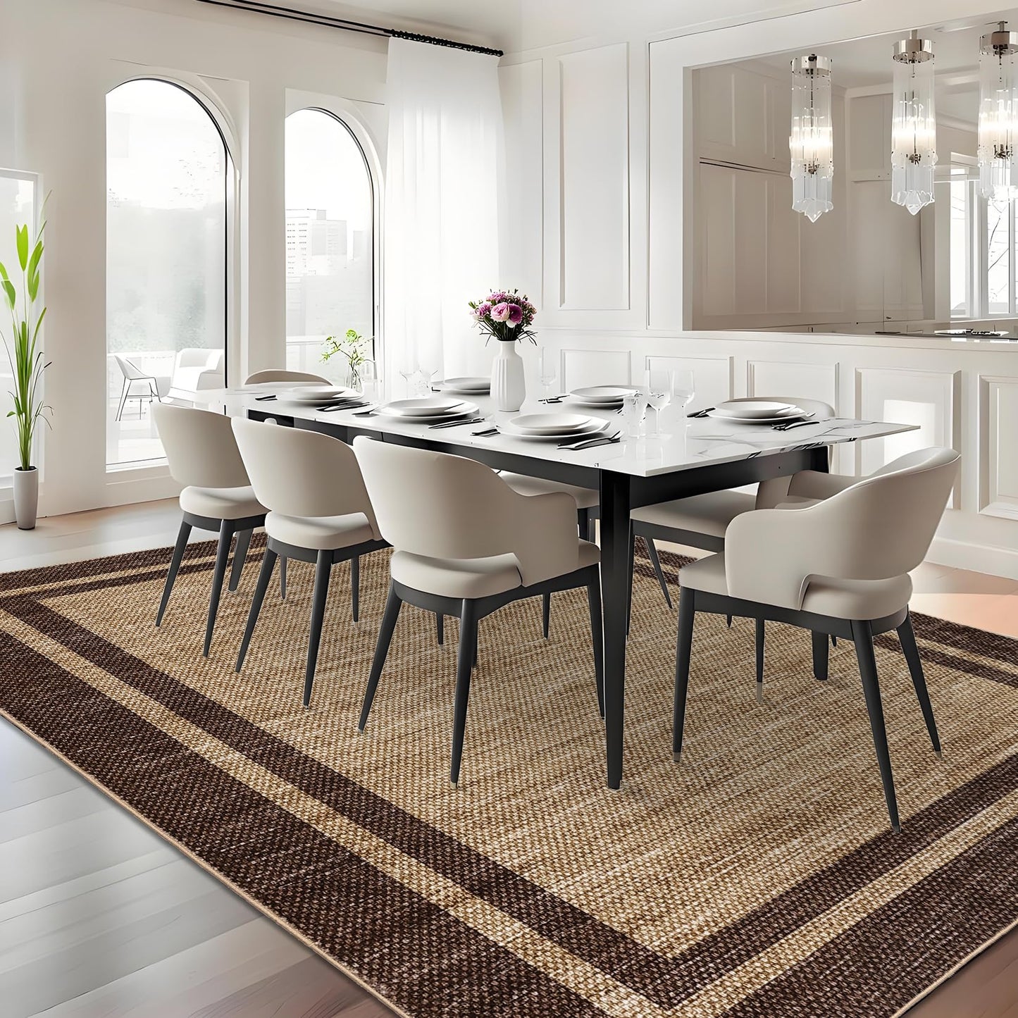 Garvee 8x10 Area Rug Neutral Border Rugs for Living Room Brown Rug Washable Rugs for Bedroom Non Slip Non Shedding Floor Cover Stain Resistant Low Pile Throw Carpet for Dining Room Nursery，Brown