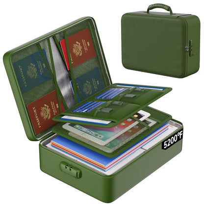 ENGPOW 5200°F Fireproof Document Bag with Lock, Upgraded Heat Insulated Fireproof＆Waterproof Box 8 Layers Document Organizer, Portable Home Travel Safe Storage Box for Important Files, Laptop,Green