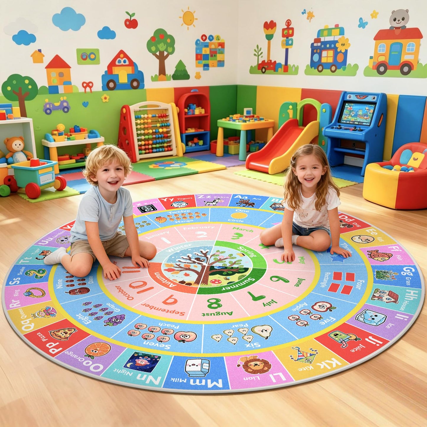 GRAMBET ABC Kids Rug for Playroom, 6ft Round Alphabet Small Classroom Rug, Non-Slip Washable Kids Play Mat, Educational Area Rug for Daycare Preschool Bedroom to Learn Numbers Shapes Seasons