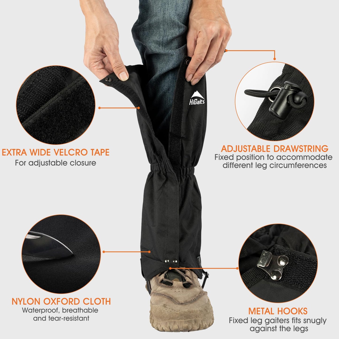 HiGaits Leg Gaiters for Men Women Adjustable Gators for Hiking Boots in Climbing Hunting Trekking Waterproof Snow Gaiters
