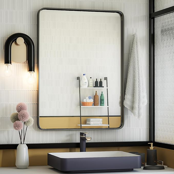 ISKM Black Metal Frame Wall Mirror for Bathroom 22" x 30" Rounded Corner Rectangle Mirror Bedroom Vanity Mirrors Wall Mounted Tempered Glass