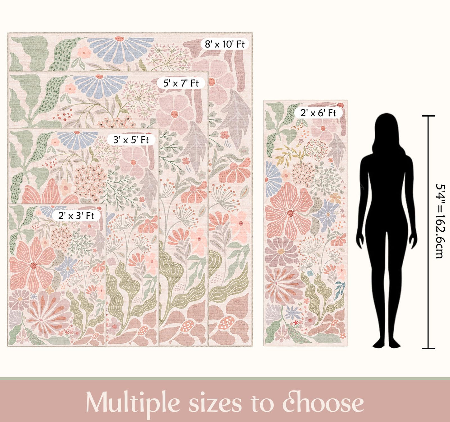 MUJOO Pink Washable 2x6 Runner Rugs for Hallway Kitchen Bedside,Floral Long Area Rug for Bedroom Bathroom Laundry Room Floor Non Slip Carpet Throw Rug Boho Modern Abstract Botanical Flower