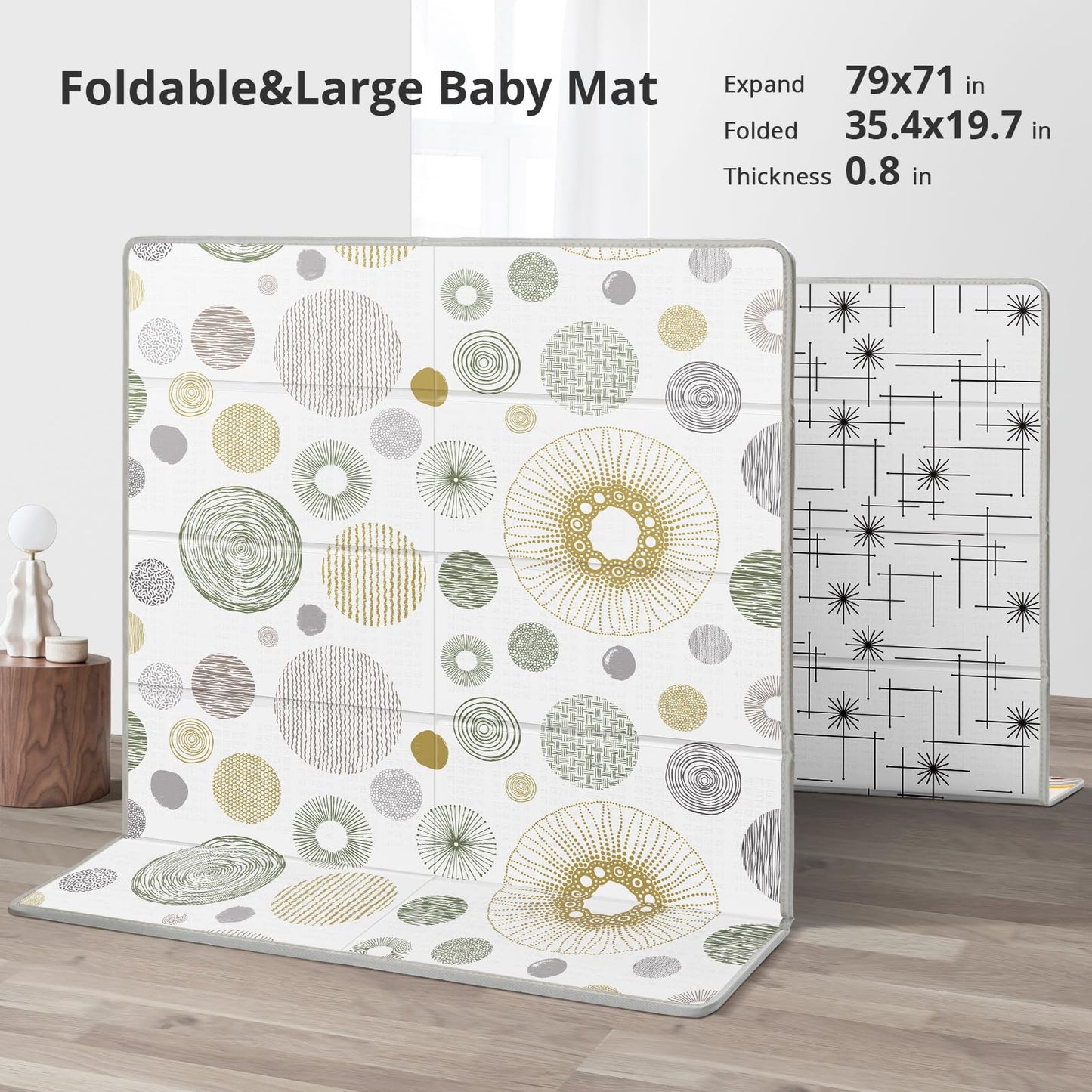 Piglog Extra Large Play Mat for Baby, 0.8 Inch Thick BPA Free, Reversible Foldable Baby Play Mat, 79" x71" Waterproof Foam Floor Baby Crawling Mat, Portable Playmat for Infants, Toddler, Kids, Circle