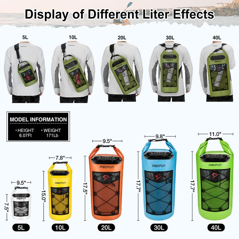 Piscifun Dry Bag, Waterproof Floating Backpack 10L with Waterproof Phone Case for Boating, Kayaking, Fishing, Grey 10L