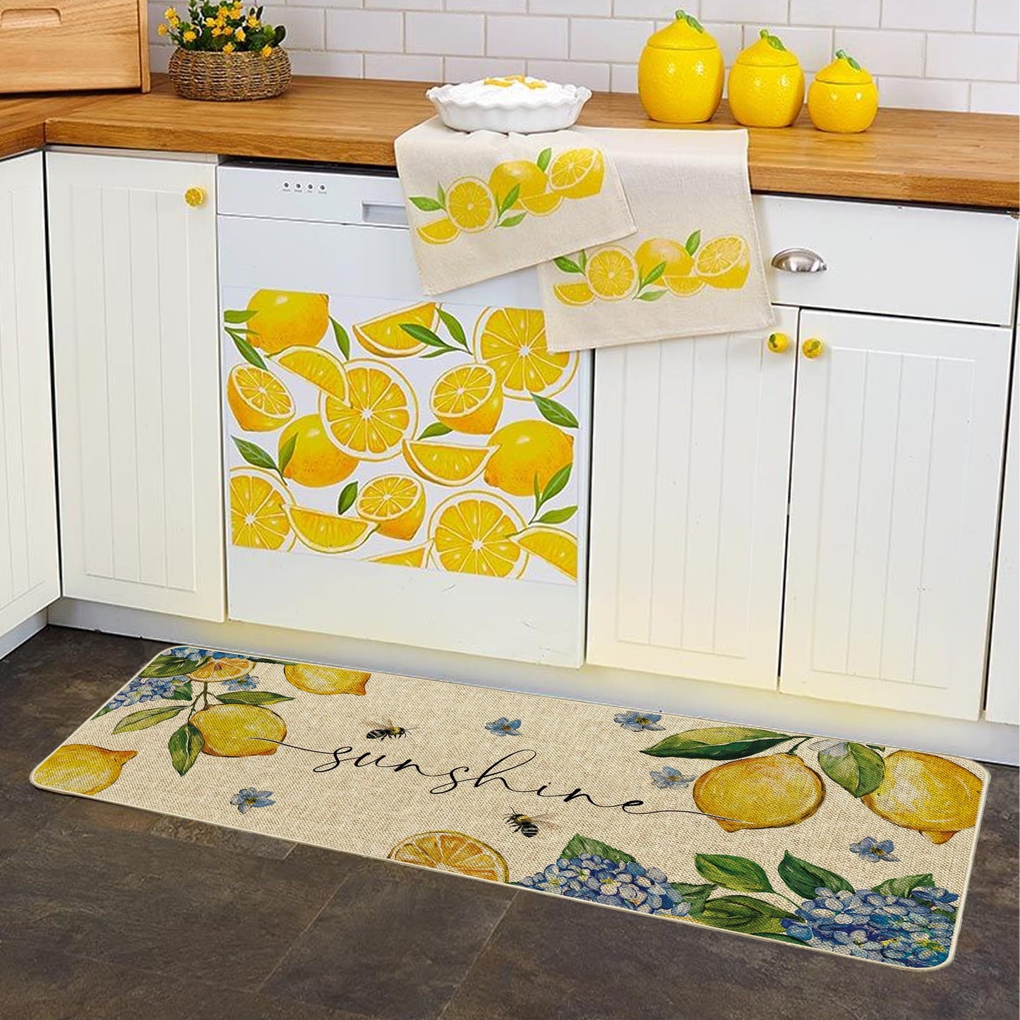 Tikeciti Summer Lemon Kitchen Mats Set of 2, Almafi Italy Blue Hydrangea Kitchen Rugs Sunshine Bee Floor Rug Non-Slip Low Profile Mat Seasonal Farmhouse Home Decor 17x29 and 17x47 Inch