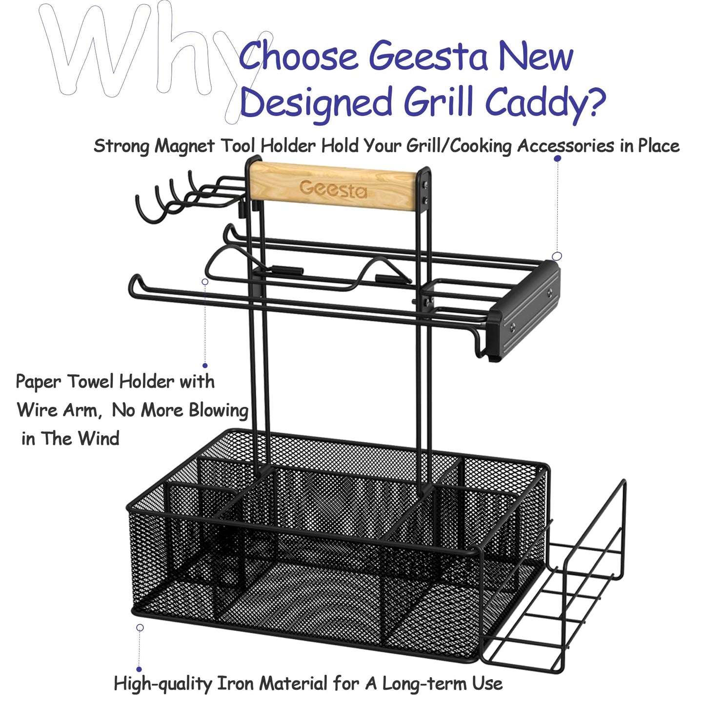 Geesta Grill Caddy for Outdoor Grill, BBQ Picnic Camping Caddy with Paper Towel Holder & Magnetic Tool Holder, Condiment Storage Utensil Kitchen Organizer for RV Camper, Tailgate Accessories