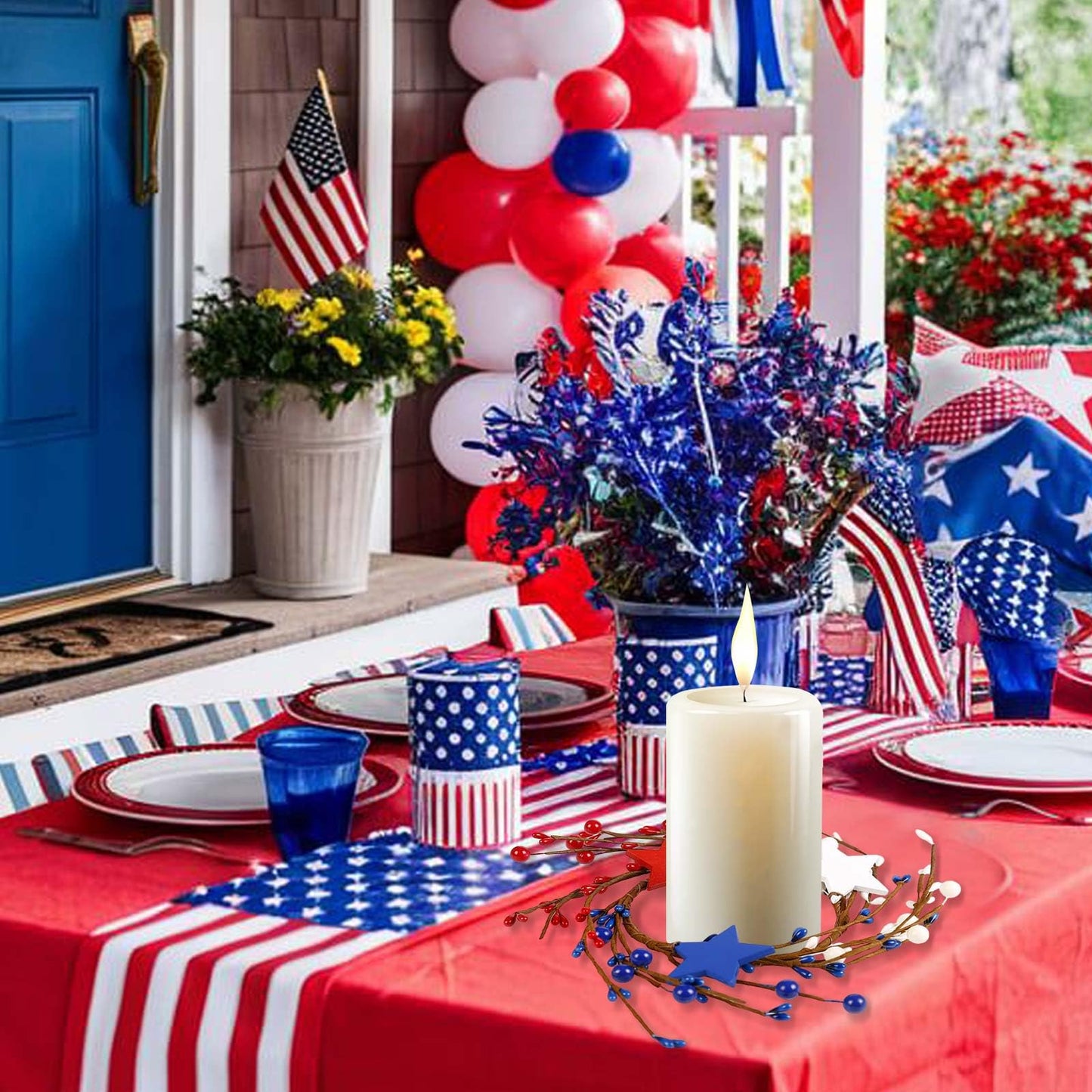 4th of July Candle Rings Set of 2-4 Inch Red White Blue Patriotic Star Candle Holders, Independence Day Table Decor Centerpiece with Stars, USA Flag Theme for Memorial Day Veterans Day