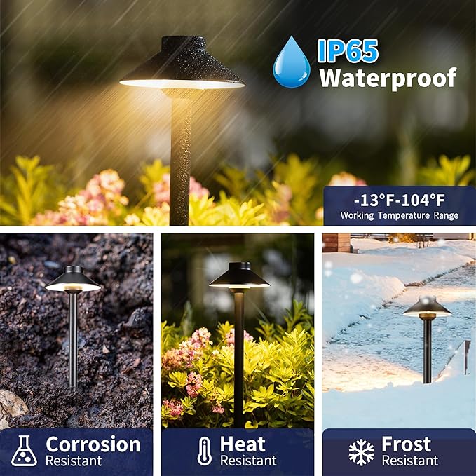 Gardenreet Outdoor Brass Pathway Lights - 12v Low Voltage Landscape Path Lighting Wired, LED Pathlight IP65 Waterproof, Hat-top Black for Outside Walkway Yard with 3W 270LM 2700K Warm White G4 Bulb