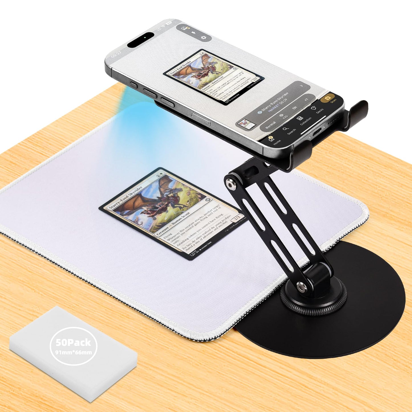 Utllsitm Foldable MTG Trading Card Scanner Stand,Carbon Steel Phone Holder Includes 50 Standard Size Card Sleeves and Scanning Pad,Ideal for Quickly Scan and Price Check,Available for ManaBox