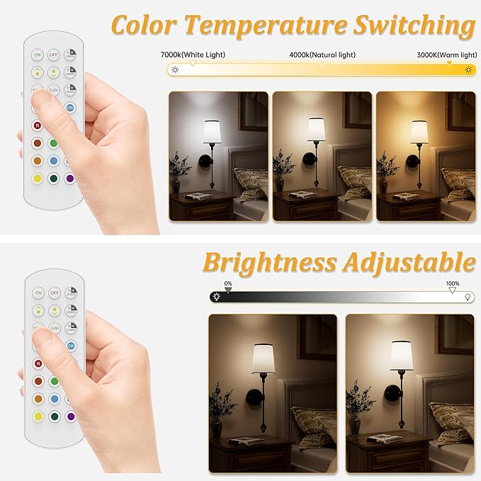 PAIHOME Wall Sconces Set of Two Battery Operated, Rechargeable Wireless Sconces with 5000mAh, 15 Colors Remote Control Dimmable Black Wall Sconce for Bedroom Living Room Bathroom Hallway Wall Decor