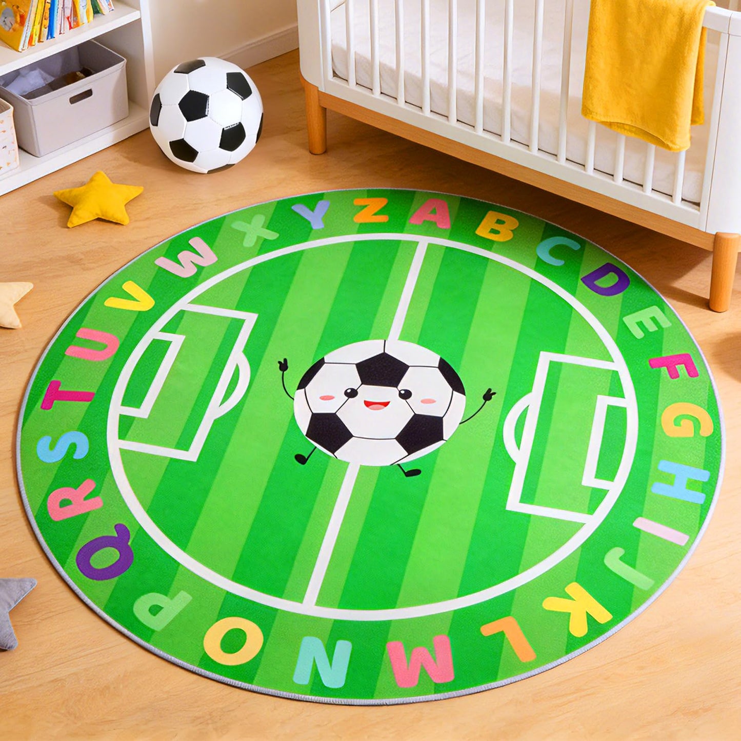 ZeffuLyne ABC Circle Rug, 4ft Playroom Rug with Soccer & ABC Alphabet, Soft Soccer Rugs for Kids, Non-Slip Circle Rugs for Baby, Toddlers, Boys Girls