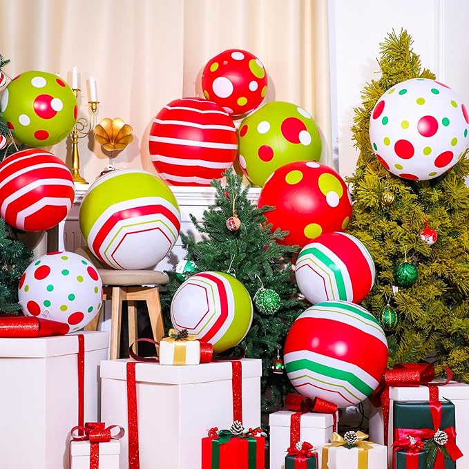 12 Pcs 24/16 Inch Giant Christmas Inflatable Ball Outdoor Blow up Xmas Inflatables Ornaments Giant PVC Christmas Ornaments for Tree Yards Lawns Porch Garden Front Doors Holiday Decor(24,16 Inch)