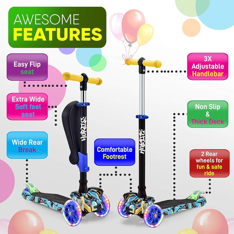 Kids Scooter - Adjustable Height 3-Wheel Kick Scooter with Foldable Seat & Flashing Lights | For Ages 1-12
