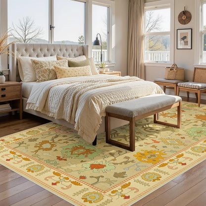 Joydeco Oushak Orange Rug for Living Room, Washable Carpet for Bedroom Non Slip, Boho Floral Ultra-Thin Soft Indoor Floor Throw Rugs for Entryway Dining Table Nursery Home Kitchen