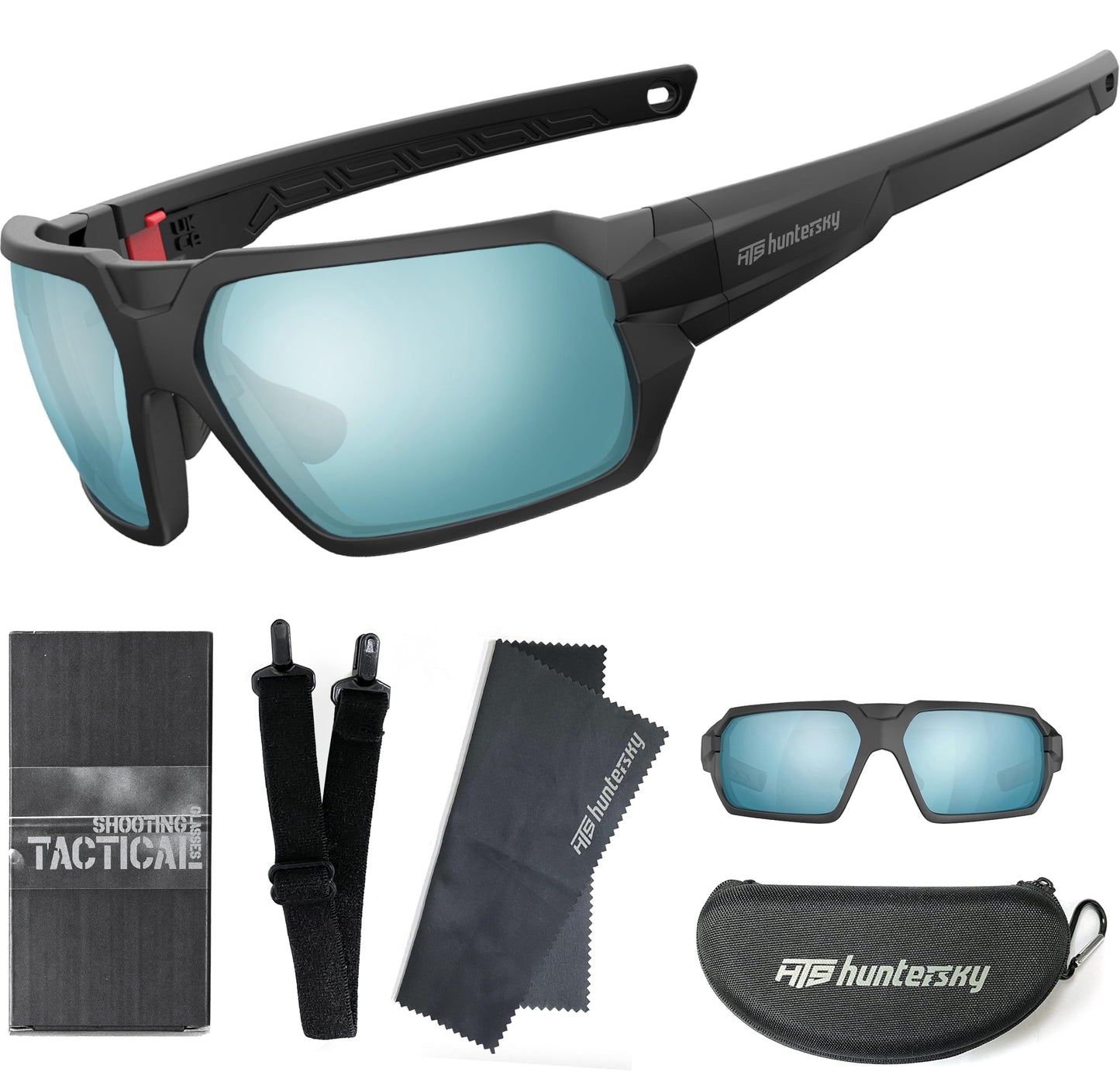 HTS HUNTERSKY Q37 Polarized Shooting Safety Sunglasses ANSI Z87.1 Military Blue Mirror Impact Resistant Lens Ballistic Eye Pro Army Hunting Tactical Airsoft Motorcycle Driving