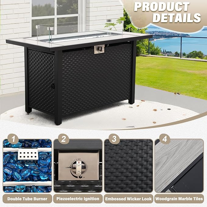 6 Pieces Outdoor Furniture 60000BTU Outdoor Propane Fire Pit Wicker Patio Furniture Set 45" Steel Fire Table Anti-Slip Cushions Waterproof Covers, Khaki