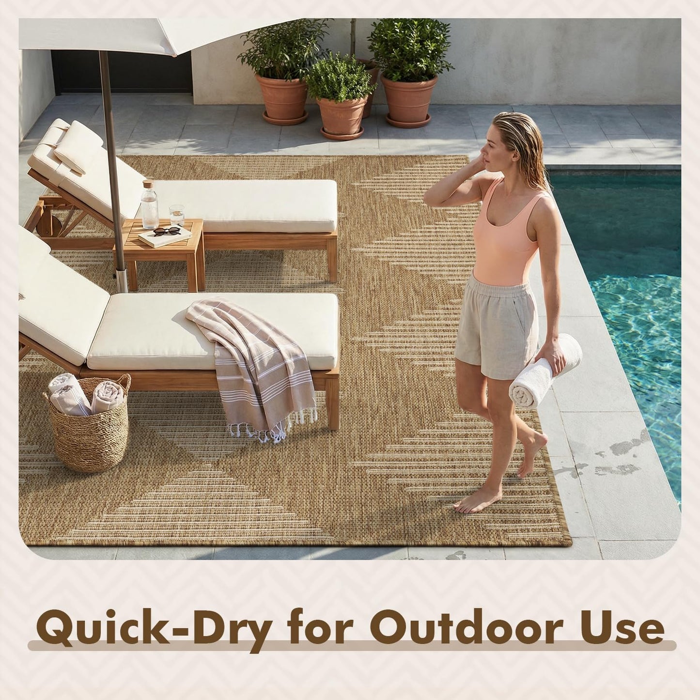 MontVoo-Outdoor Rug Carpet Patio Rug 5x7 ft Polypropylene Indoor Outdoor Rugs for Patio Deck Balcony Porch, Textured Weave, Durable for High Traffic, Fade-Resistant, Boho Geometric Neutral Brown